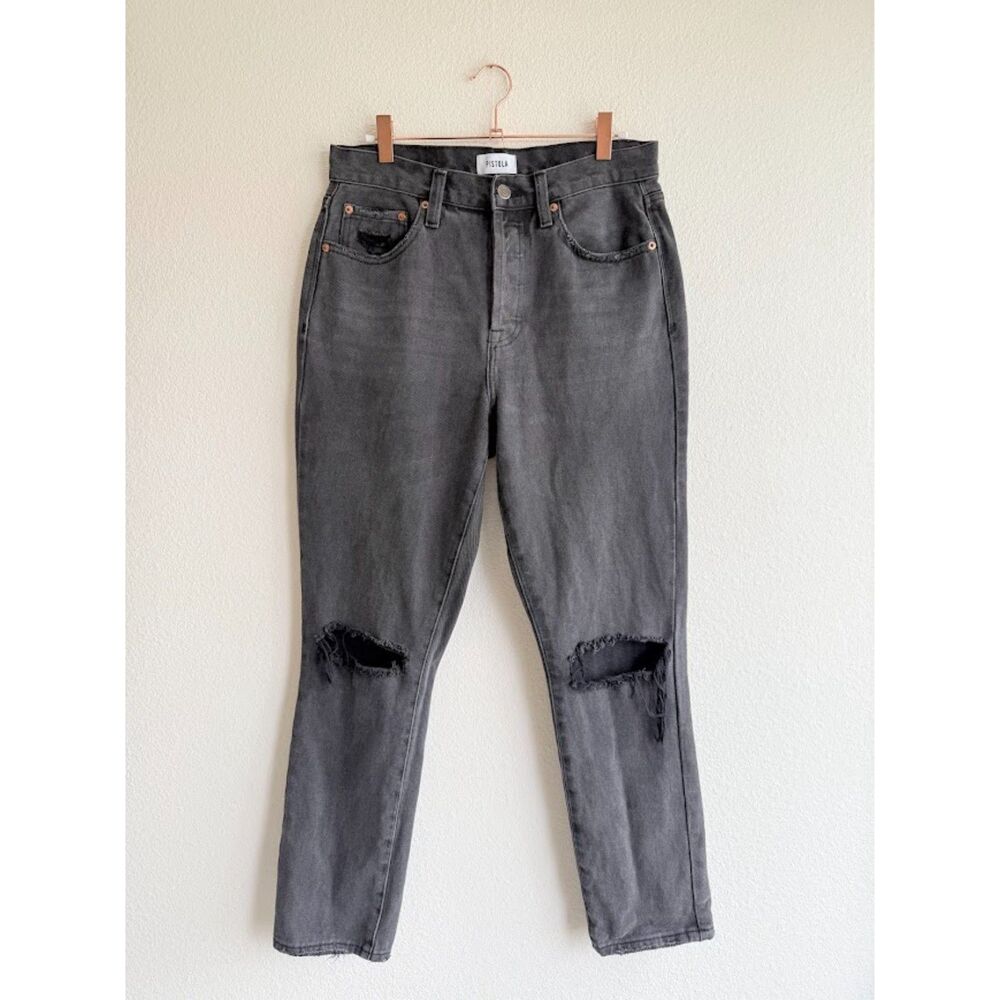 Pistola Keaton High Waist Straight Leg Slim Jeans with Holes in Taurus Black 28